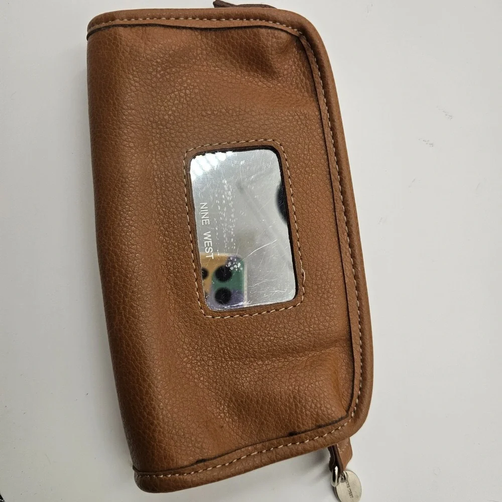Nine West Brown Faux Leather ‎ Makeup Bag Vintage Mirror